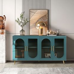 60” Navy Blue TV Stand for 65+ Inch TV with Glass Doors & Adjustable Shelves