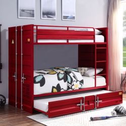 Brand New Industrial Red Metal Twin/Twin Bunk Bed with Trundle