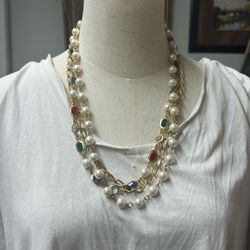 Multicolor Stones with Pearls on Gold Tone Chain 