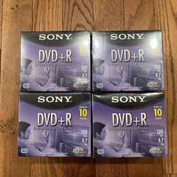4 New Blank Sony DVD + R 10 Pack Discs With Cases 120 min 4.7 GB Blank DVDs Lot