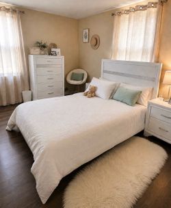 White Queen Bed Frame with Upholstered Headboard