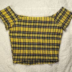 NWOT Hot Topic off the shoulder crop top black and yellow plaid, Clueless inspired per Hot Topic size XL