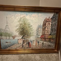 Large Vintage Seascape Oil Painting Signed “Revens” – Ornate Gilt Frame