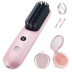 Mini Portable Travel Cordless Negative Ionic Hair Straightener Brush and Curler 2 in 1