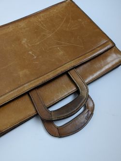 Vintage Tan Leather Briefcase Bag Made in USA Zip Closure Pull Out Handles