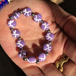 Dog Puppy Lovers Paw Print Painted Purple Ceramic Beads Bracelet Cute 