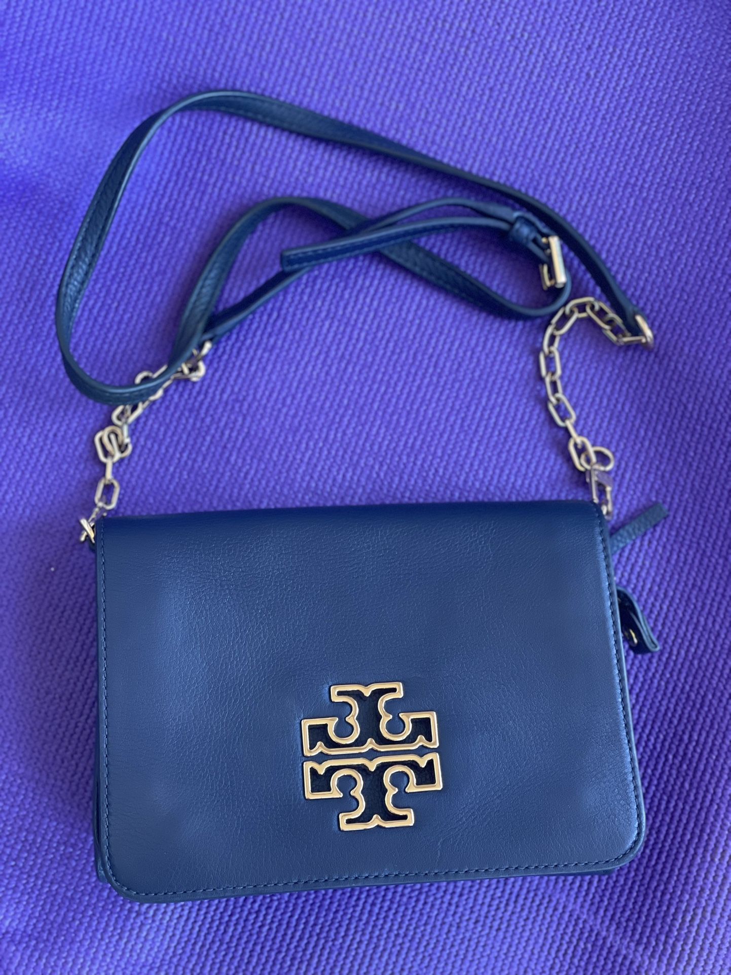 Tory Burch Women's Small Britten Pebbled Leather Combo Crossbody Blue Bag