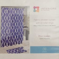 Interiors By Design Blue Geometric Grid Pattern Shower Curtain With 12 Roller Rings