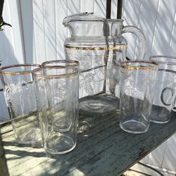 Vintage Bartlett Collins Frosted Grape Leaves Pitcher & 5 Matching Glasses Mid Century Set