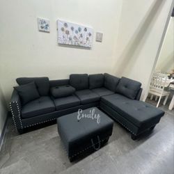 Beautiful 3-Pc Black Sectional Sofa W Storage Ottoman 