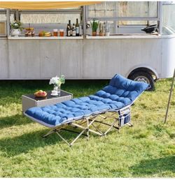 Blue Folding Camping Cot with Mattress Pad