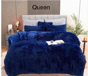 Navy Blue Fluffy Shaggy Comforter Set Queen