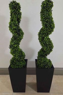 *** CLEARANCE *** PAIR of 38in Faux Boxwood Spirals in 16in Black/White Planters (2 for $80) @ Lasting Creations