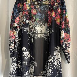 Navy Blue Floral Sheer Cardigan 