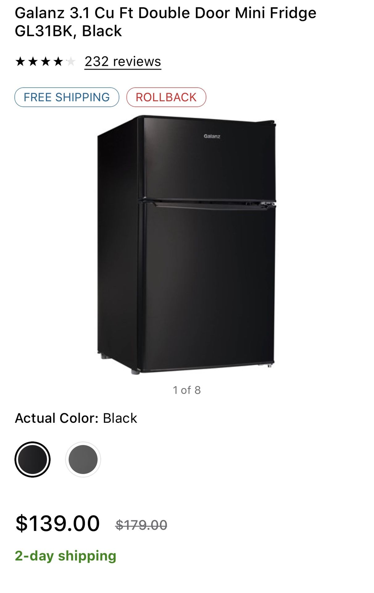 Galant 3.1 Cu ft Double Door Mini Fridge GL31BK Black for Sale in