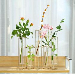 New - Gold Vases for Centerpieces, Test Tube Flower Vase with 5 Test Tubes, Gold Flower Vase with Metal Stand Racks Hydroponic, Glass Hinged Propagati