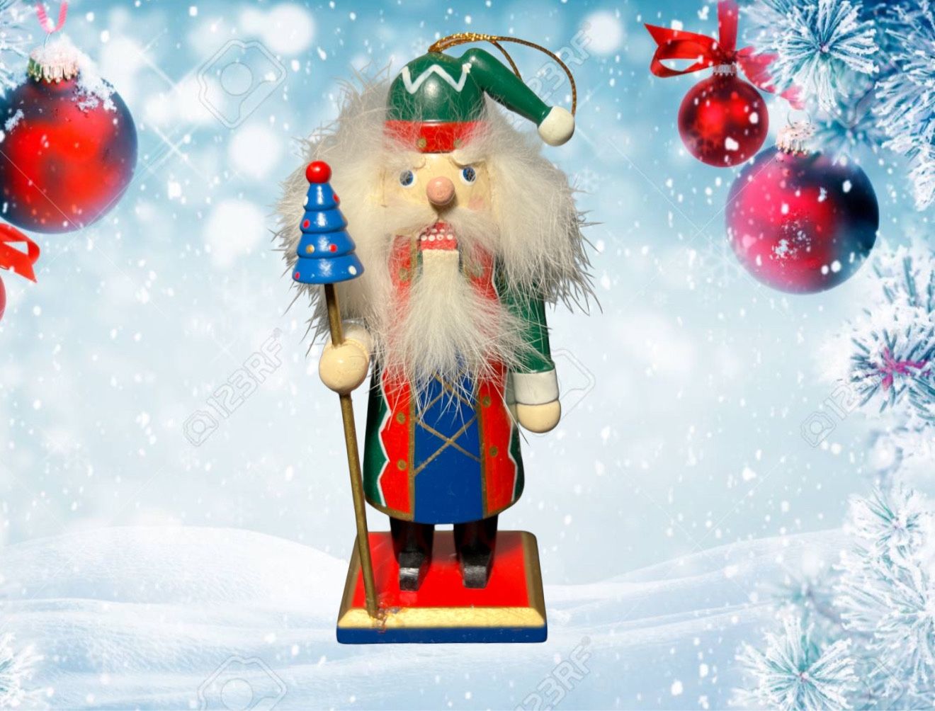 Vintage 1980s Wooden Christmas Nutcracker Gnome Green Hat Blue Tree, 5.25”