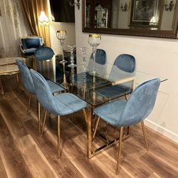 Blue Gold Velvet Glass Dining Set For 6