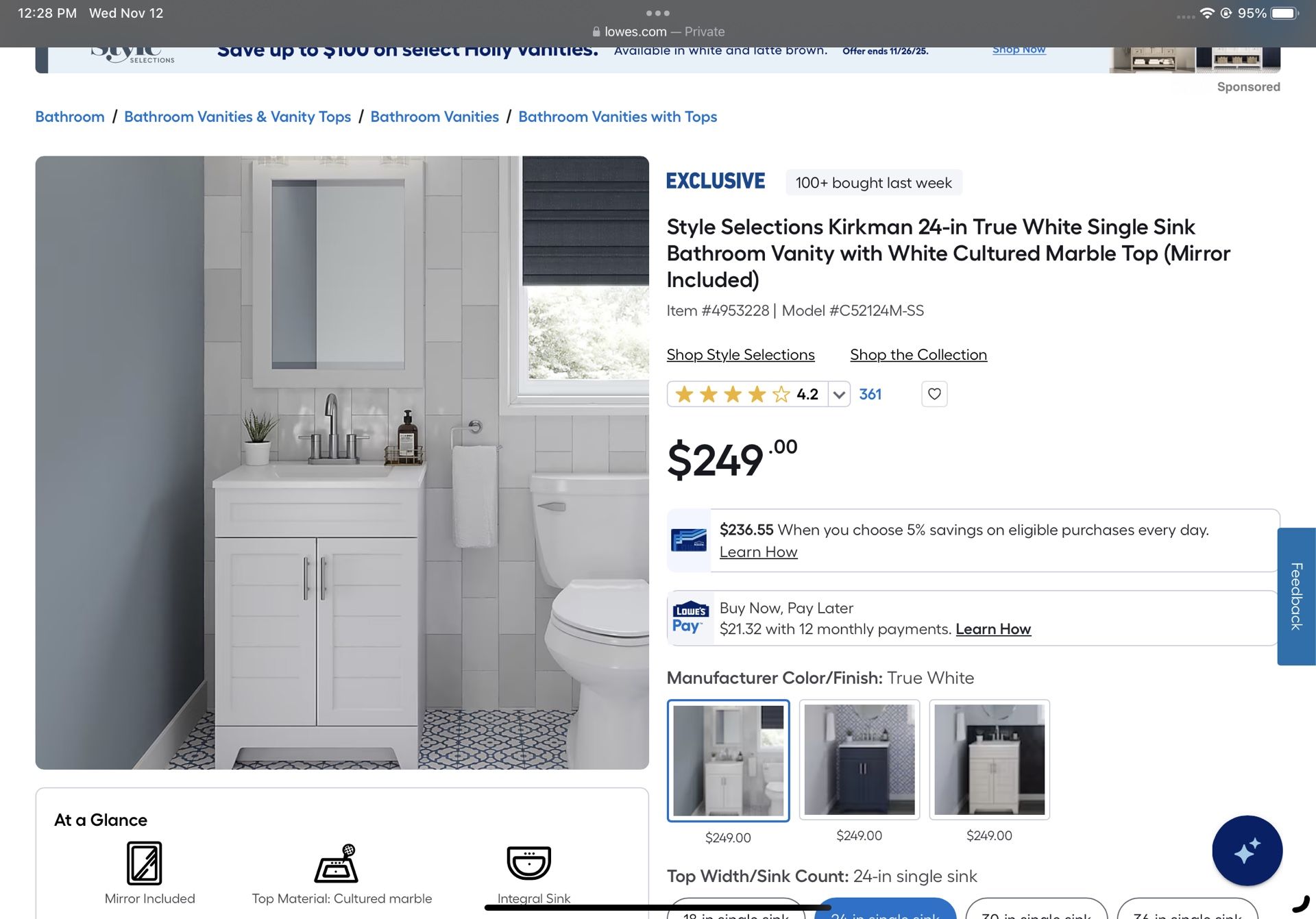Style Selections 24-in Bathroom Vanity white Marble Top (Mirror Included)