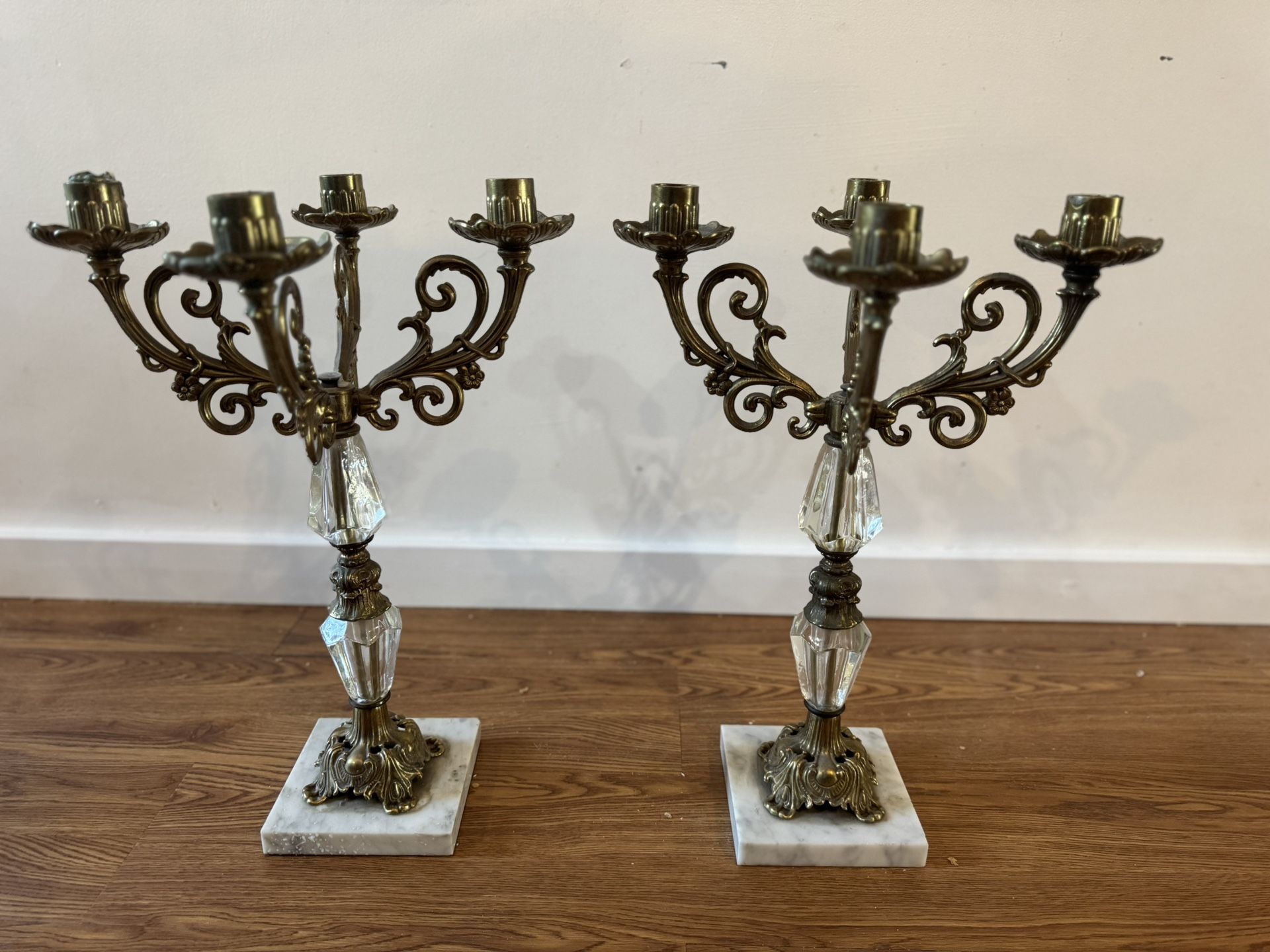 Vintage 22” Cherub Candelabra Marble Base and Glass Prisms Antique Old Heavy
