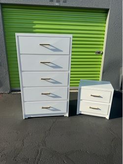 White Chest Five Drawer with Nightstand set