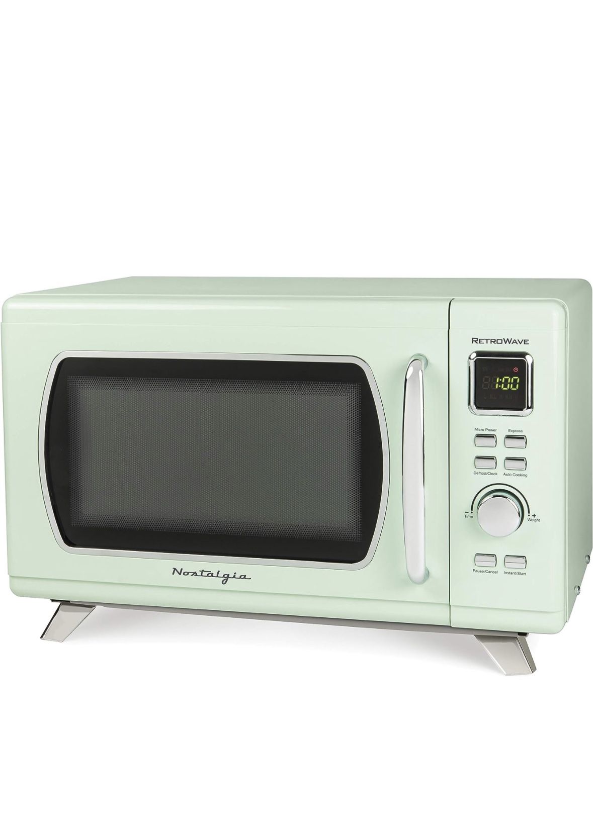 Nostalgia MCMO9FTSG Mid-Century Retro 0.9 Cu. Ft. 900-Watt Countertop Microwave Oven With LED Display, 5 Power Levels, 8 Cook Settings, Seafoam Green