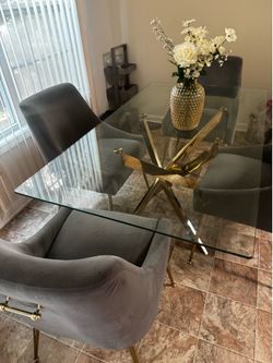 Modern Glass Dining Table with 4 Gray Velvet Chairs – Excellent Condition