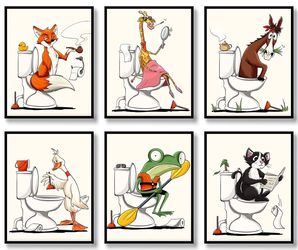 Funny Animal Bathroom Wall Art Prints Set of 6+ Fully mounted in a glass frame, ready for wall installation.