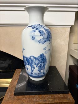 Christmas blue and white porcelain vase painted  two horses under tree 14”H