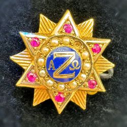 Vintage 10k solid yellow gold ALPHA ZETA OMEGA Tie Clip PHARMACY FRATERNITY 0.11CTW Pearl 0.1CTW Ruby stone Star Brooch