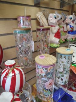 Floral Glass Tumbler / Cup & Straw with a Bamboo Lid ( NEW ) 20oz. Pink_blue_turquoise_purple_ teal