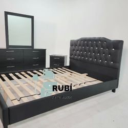 NEW QUEEN BEDFRAME WITH CRYSTALS MIRROR DRESSER AND 1 NIGHTSTAND. SET ALSO SOLD SEPARATELY 