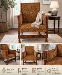 Vintage Jacobean Style Solid Wood Accent Chair | Floral Tapestry Upholstery