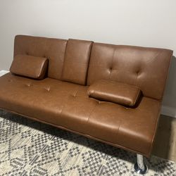 Brown Leather Futon With Armrest / cupuolder