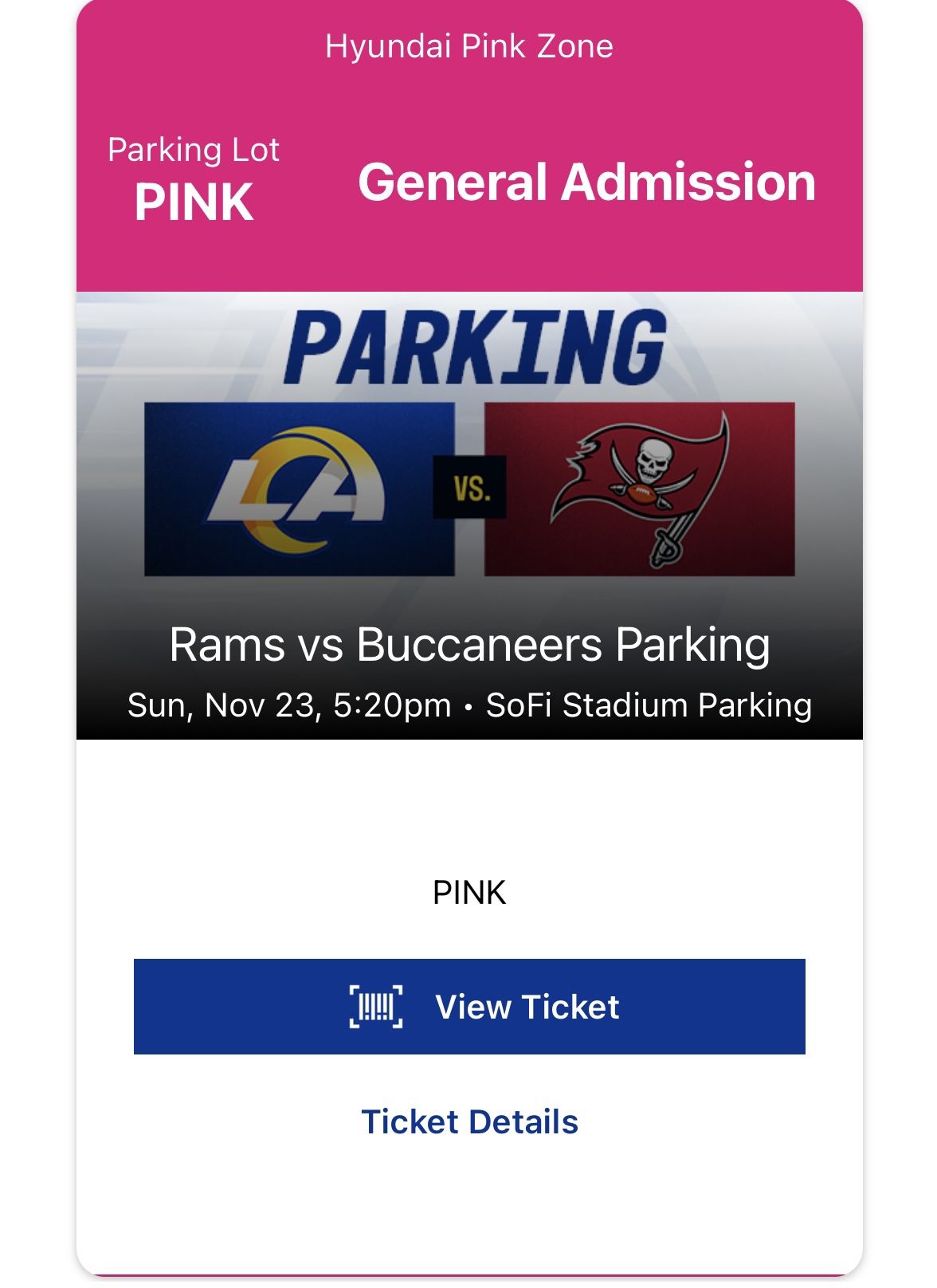 Rams VS Buccaneers Pink Tailgate Parking