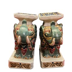 💕  Vintage SET of 2  (PAIR) Small Asian Ceramic Glazed Green Blue Red White ELEPHANT Statue, Plant Stand, Bookend. (New, Never Been Used)