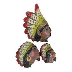 Vintage Native Aztec Mexican Head Plaster Wall Plaques Lot Of 3.