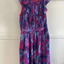 Banana Republic Dress Womens 14 Pink Blue Floral Fit Flare Flutter Sleeve Casual