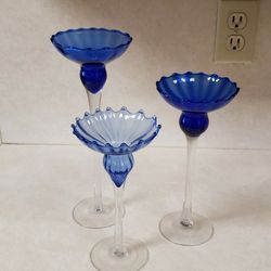 Set Of 3 Blue Glass Candle Holders
