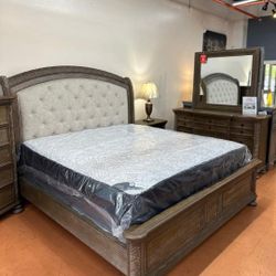 Emmett Walnut And Beige Bedroom Set Queen/King Bed Dresser Nightstand Mirror Chest Options 