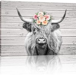 New  Scottish Highland Cow Headband Floral Bouquet Canvas Wall Decor,Framed 24x16 Inches