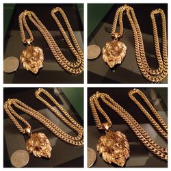 14K Gold Plated Miami Cuban With Lion Pendant