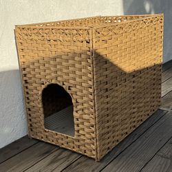 Boho Rattan Handwoven Cat Enclosure Hidden Litter Box Beige Foldable (Silver Lake)