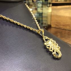 10k Gold Scorpio Pendant With Rope Necklace 20” Inch Both Together Deal..