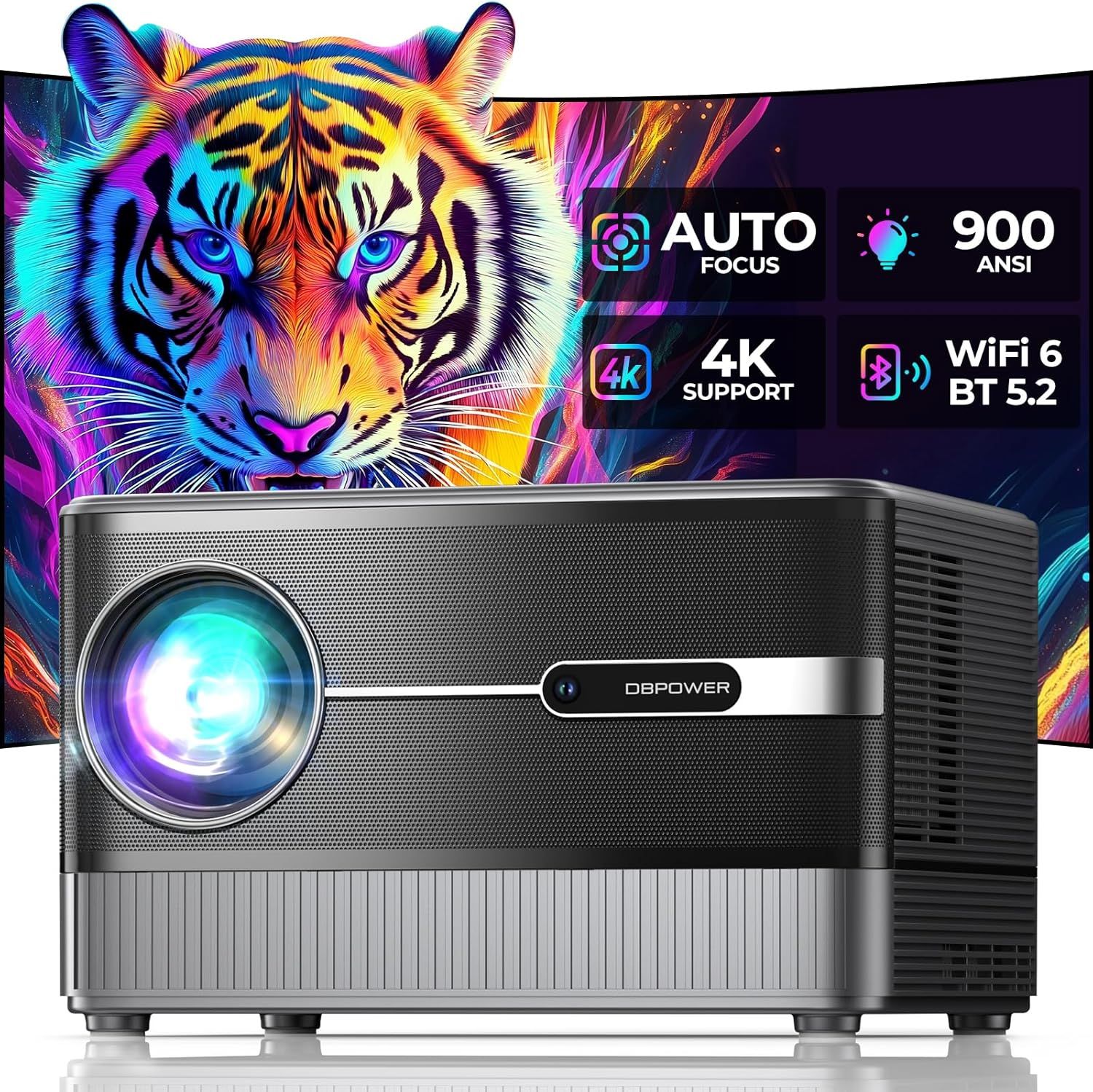 [Auto Focus/5" LCD] Outdoor Projector 4K with WiFi 6 and Bluetooth, DBPOWER 900 ANSI Native 1080P Portable Projector, Auto Keystone & Zoom, Sealed Eng
