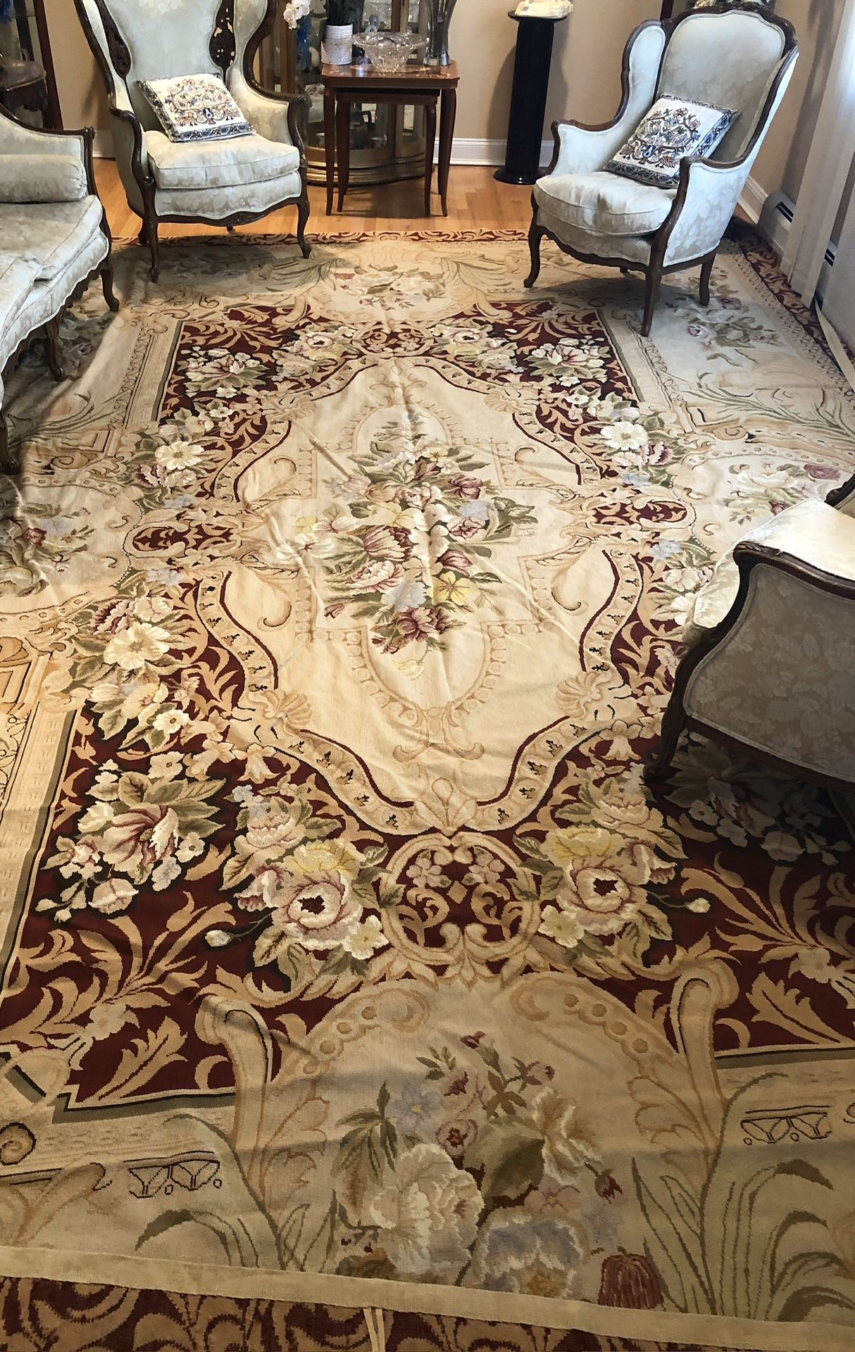 Magnificent Hand Knotted Abousson Rug 12feet By 18 Feet Cream Color Background Handmade , all over pattern , very high quality, smoke free, pet free