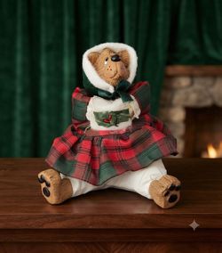 Vintage Russ Berrie Christmas Holiday Plaid Bear Figurine Doll Decor