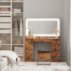Vanity Desk with Charging Station for Bedroom and Dressing Room LED Lights, Drawers, Mirror, Drawer space, Daily home use