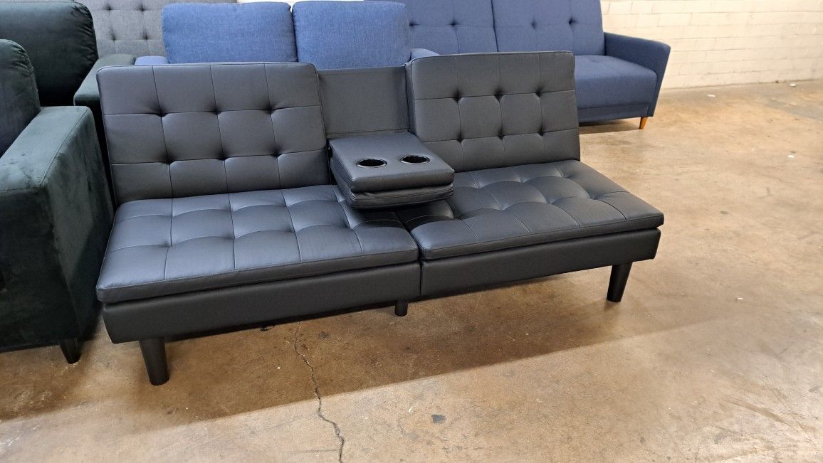 New Modern Futon Sofa Faux Leather Black Color  See Pictures For Dimensions 