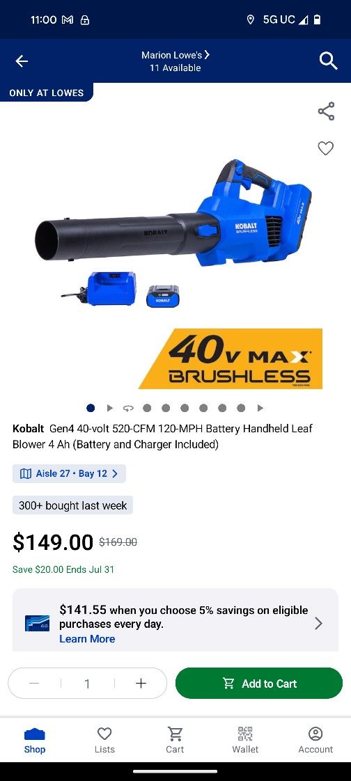 Kobalt Gen4 40-volt 520-CFM 120-MPH Battery Handheld Leaf Blower 4 Ah (Battery and Charger Included)